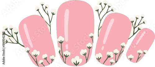 Delicate pink nail shapes adorned with dainty white floral sprigs