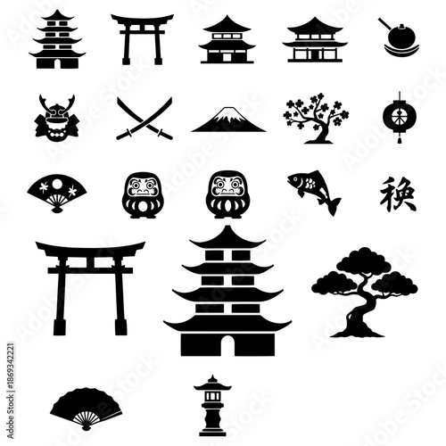 close up of view Asian Architecture Icon Set, A comprehensive collection of black silhouette vector icons featuring traditional Asian temples, pagodas, gates, and bridges