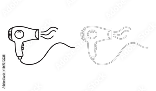 Black and gray hair dryer line art icons with cord and heat