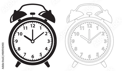 Black and white line art alarm clocks with bells on top isolated on white background