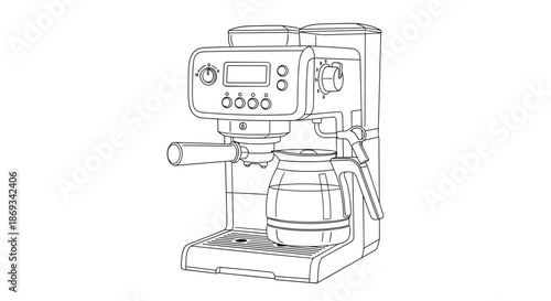 Outline drawing of a modern espresso and drip coffee machine with a glass carafe, perfect for kitchen appliance illustrations and logos.