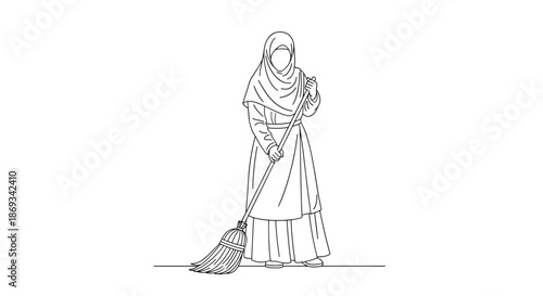 Simple black and white line art drawing of a Muslim woman wearing a hijab and an apron, diligently sweeping the floor with a broom.