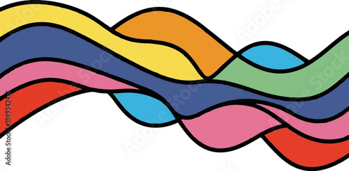 Colorful, wavy bands of color flow across a white background, creating abstract visual rhythm