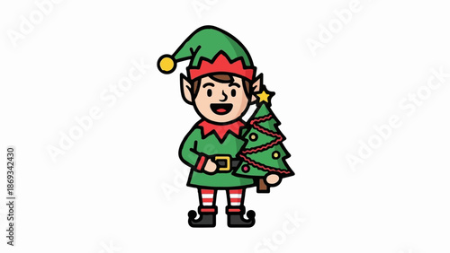 Cute cartoon elf with a festive tree