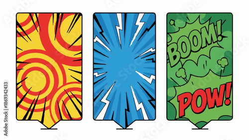 Comic book style speech bubbles with explosive patterns and sound effects BOOM and POW