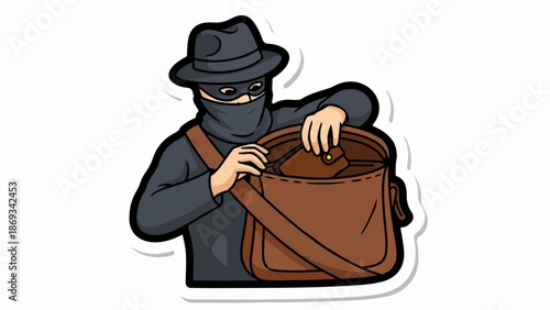 Comic depiction of a person in a hat and mask reaching into a bag for a wallet