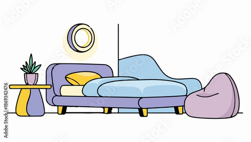 Cozy living room scene with purple sofa, blue chaise, beanbag, and plant