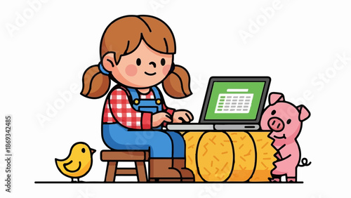 Cute cartoon farmer girl with laptop, pig, and chick near hay bales