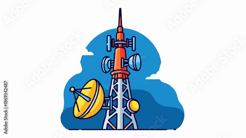 Communication tower with dish antenna and signal receivers