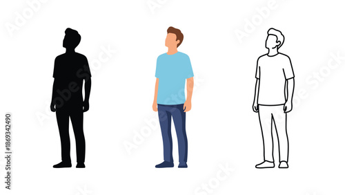 Set of three illustrations of a young man standing and looking upward in color, silhouette, and outline styles
