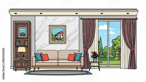 Cozy living room with bookshelf, couch, art, and garden view through sliding glass doors