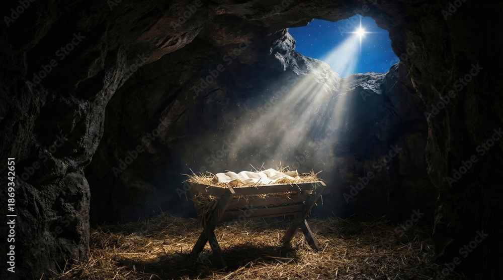 Obraz premium A Nativity scene depicting a humble manger filled with straw, illuminated by a divine star shining through a cave opening, symbolizing the birth of Jesus Christ.