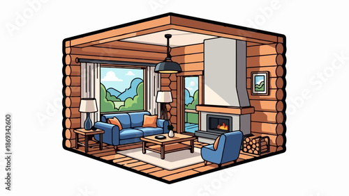 Cozy log cabin interior with fireplace, furniture, and scenic mountain view