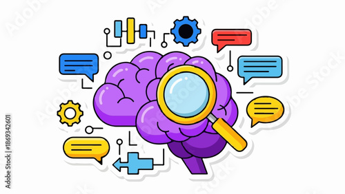 Conceptual illustration of a purple brain with a magnifying glass, gears, and speech bubbles