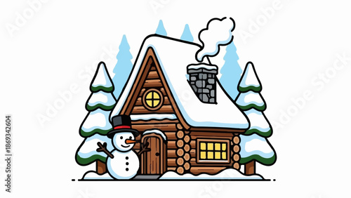 Cozy log cabin surrounded by snow-covered trees with a friendly snowman nearby