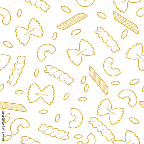 Seamless pattern of different types and shapes of pasta. Italian cuisine, various noodles types. Farfalle, penne, spaghetti, elbow pasta, orzo and fusilli. Background with different pasta.