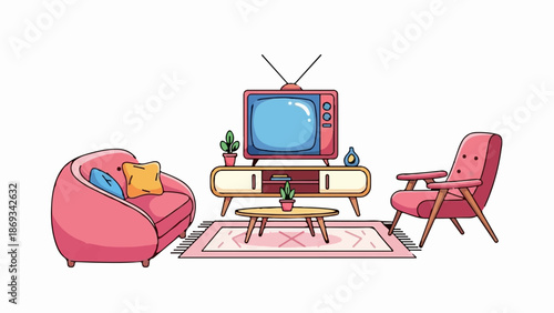 Cozy pink living room with vintage TV, armchair, sofa, rug, and coffee table