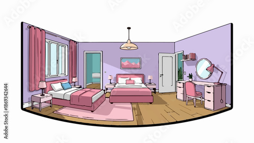 Cozy pink bedroom with two beds, desk, mirror, and door leading to a bathroom