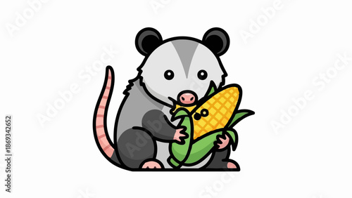 Cute cartoon opossum holding a bright yellow ear of corn