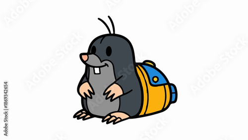 Cute cartoon mole wearing a yellow and blue backpack