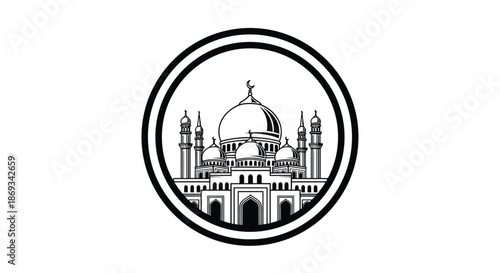 Black and white icon of a grand mosque with domes and minarets enclosed within a double circle, representing Islamic architecture.