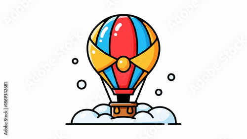 Colorful hot air balloon ascending into a sky with floating orbs