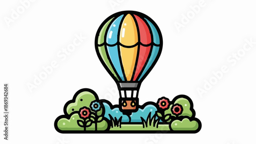 Colorful hot air balloon over a lush green landscape with flowers