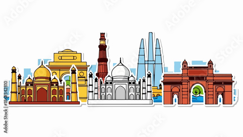 Colorful illustration of India's iconic landmarks in a stylized skyline