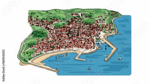 Colorful isometric illustration of a coastal town with red-roofed buildings and a harbor
