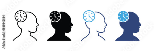 patience icon set. time management icon set. mind process symbol. brain with clock icon. vector illustration