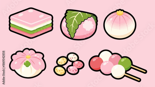 Colorful Japanese sweets like mochi and dango arranged in a delightful pattern