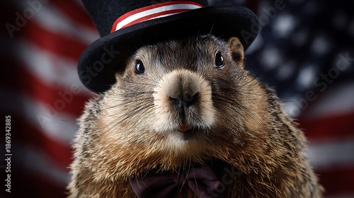 Happy Groundhog Day greeting card and American flag hanging on light background