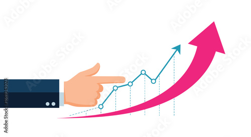 Business growth concept showing a hand pointing along an upward trending line graph, with a large pink arrow indicating success.