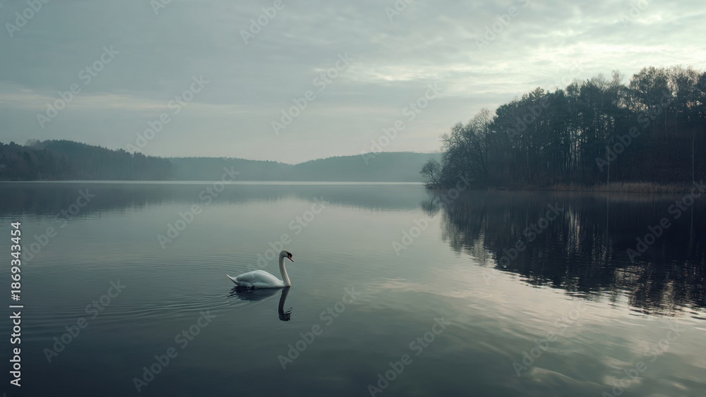 Fototapeta premium Swan on a Misty Lake at Dawn