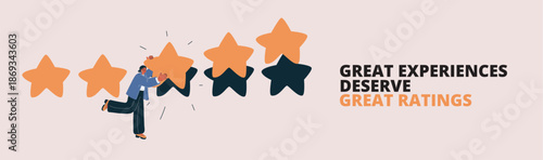 Cartoon vector illustration of a woman giving five stars, metaphor of rating, review, and excellence