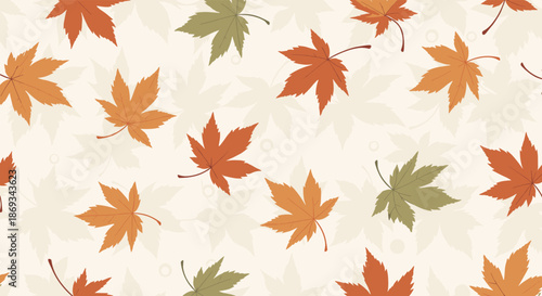 Seamless repeating pattern of colorful autumn maple leaves in shades of orange, red, and green on a light beige background.