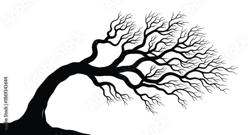 Stark black silhouette of a leafless, windswept tree with gnarled branches, isolated on a white background, symbolizing resilience.