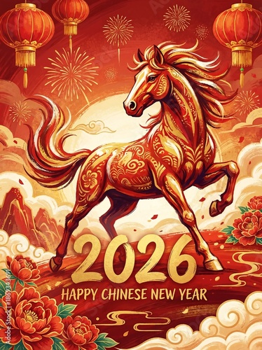 Wallpaper Mural Golden Horse Chinese New Year 2026 Decorative Illustration Painting Torontodigital.ca