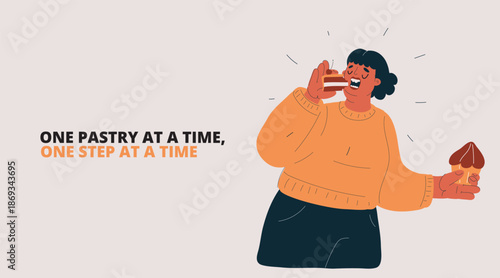 Cartoon vector illustration of a plus-size woman eating a cake with a cupcake nearby, metaphor of indulgence, enjoyment, and celebration