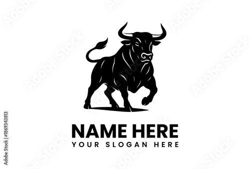 Black bull logo with horns and tail on a white background with space for a name and slogan.