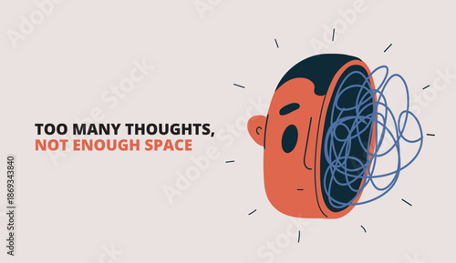 Cartoon vector illustration of a head with tangled thread inside, metaphor of confusion, complicated thoughts, and mental clutter
