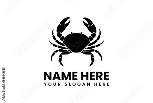Black silhouette crab logo with claws raised on white background and editable text for name and slogan.