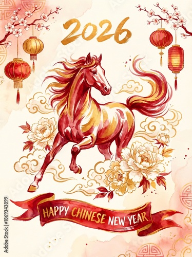 Watercolor Chinese New Year 2026 Horse Festival Illustration