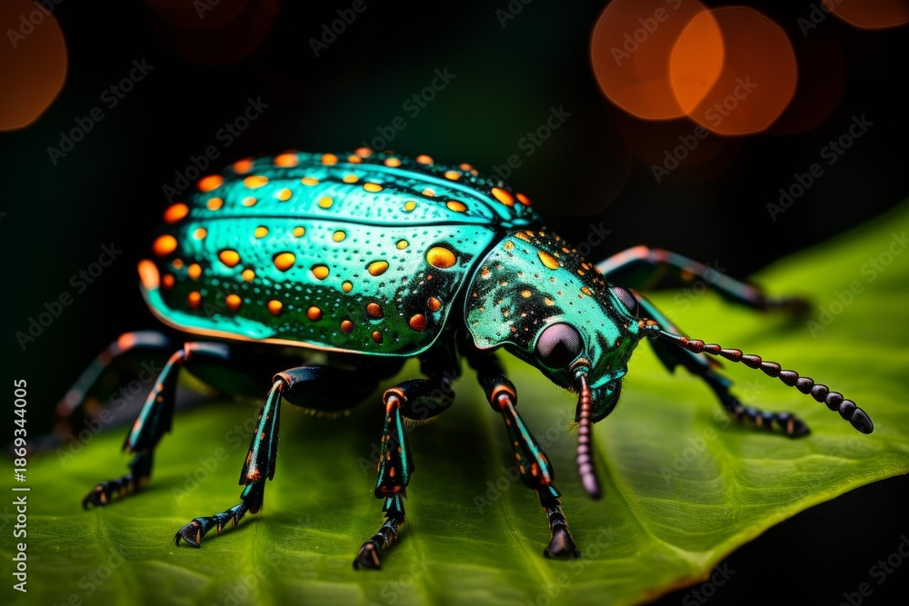 Fototapeta premium Iridescent beetle with teal and orange markings crawling on a green leaf