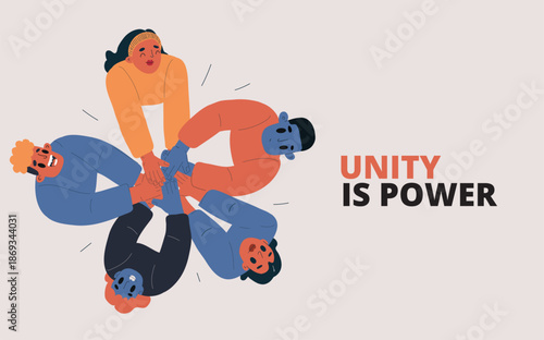 Cartoon vector illustration of people standing in a circle, stacking their hands and looking upwards, metaphor of teamwork, unity, and collaboration