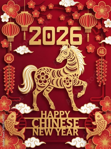 Chinese New Year 2026 Paper Cut Horse Poster