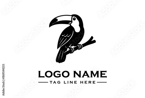 Black silhouette of a toucan perched on a branch with a logo and tagline on a white background.