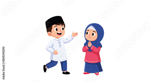 Cute cartoon of a Muslim boy and girl in traditional clothing, with the girl greeting respectfully and the boy smiling happily.
