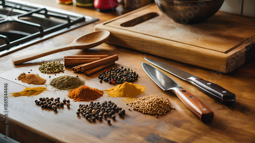 An array of aromatic spices and culinary tools artfully arranged on a wooden surface, embodying the essence of gastronomy, ready for the creation of gastronomic delights.