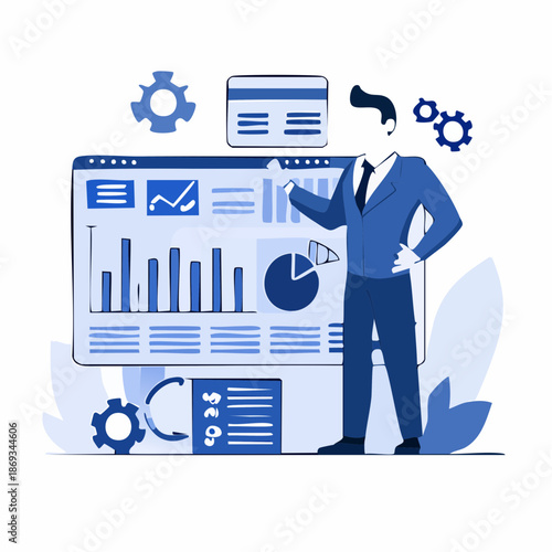 Businessman analyzing data on large computer screen with graphs
